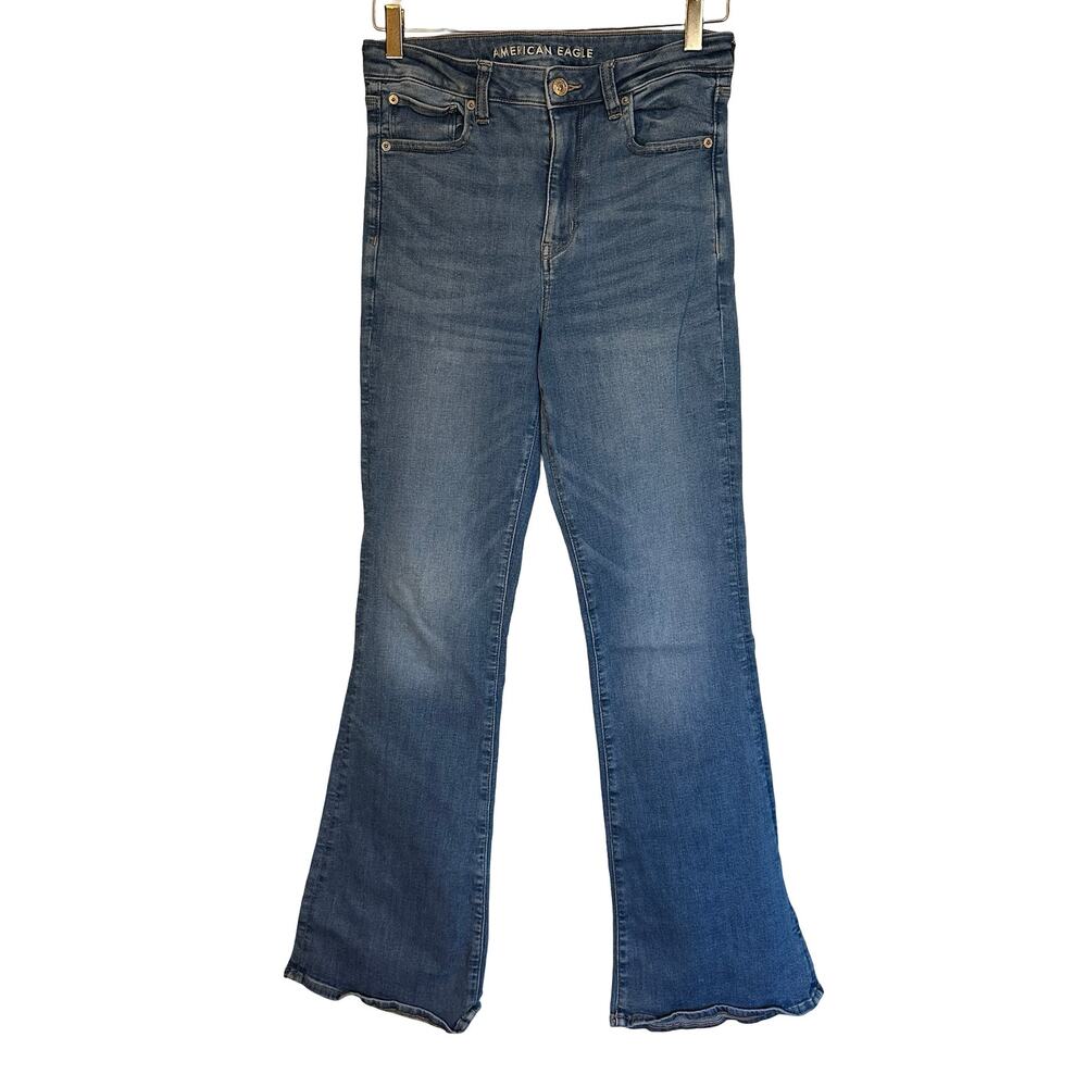 American Eagle Super Hi-Rise Flare Jeans Light Wash Denim Western 8 Long Tall